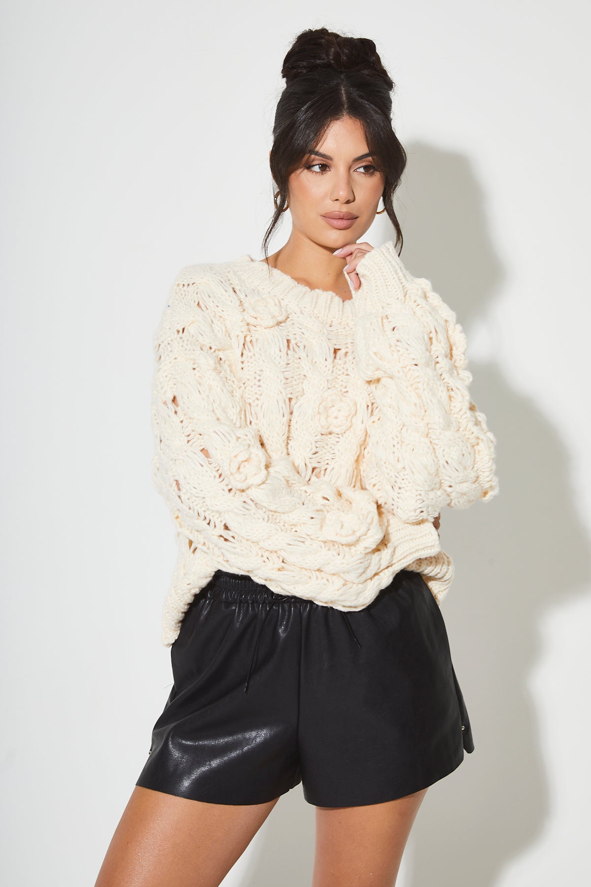 JOSEFINA Cream Chunky Knit Rose Jumper