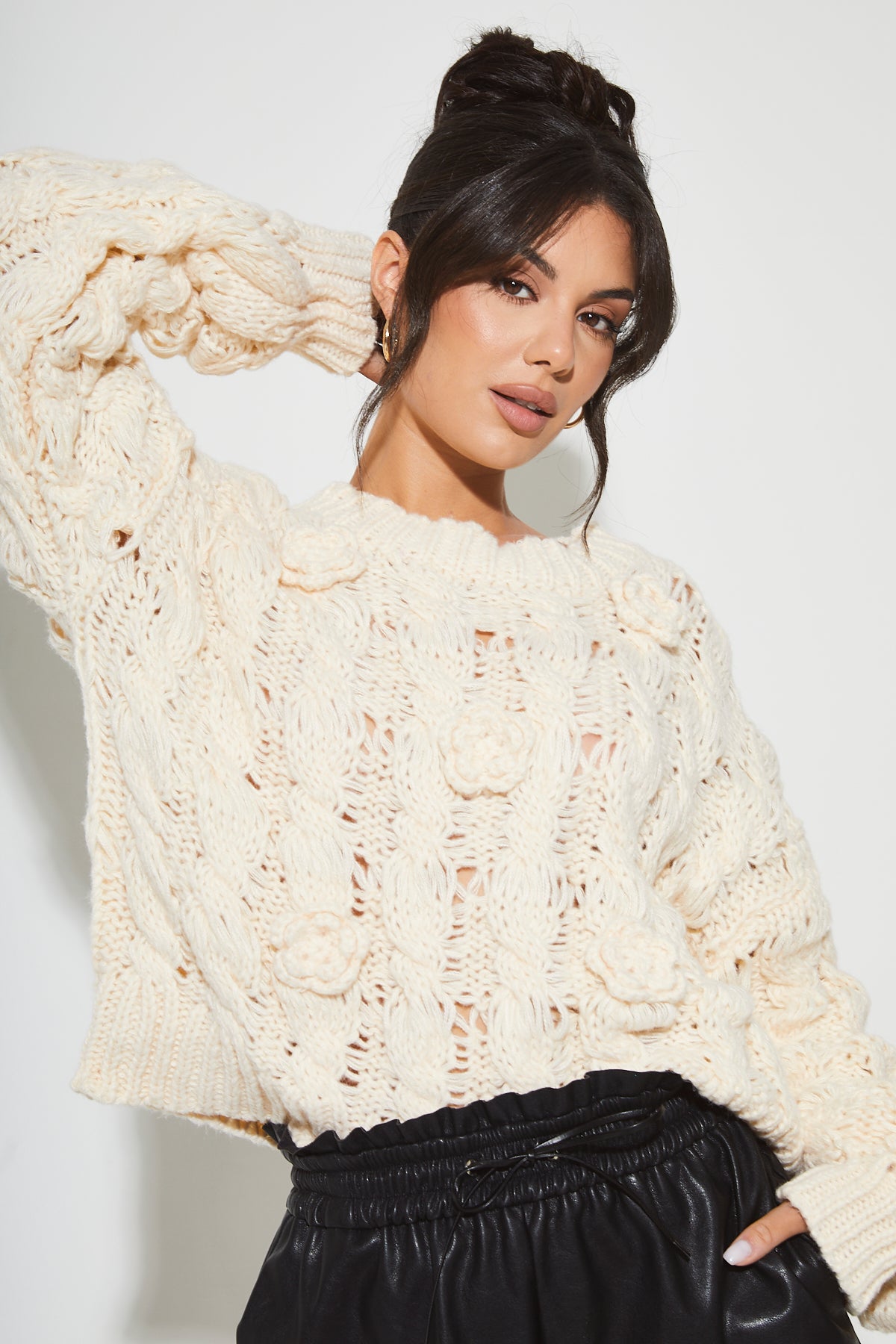 JOSEFINA Cream Chunky Knit Rose Jumper