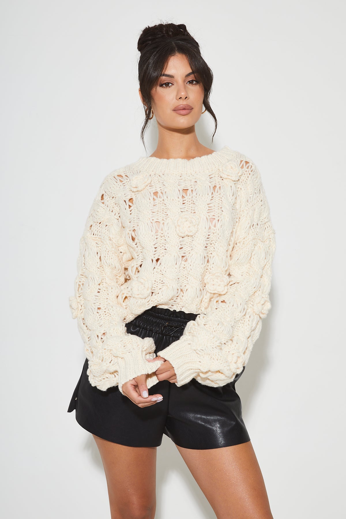 JOSEFINA Cream Chunky Knit Rose Jumper