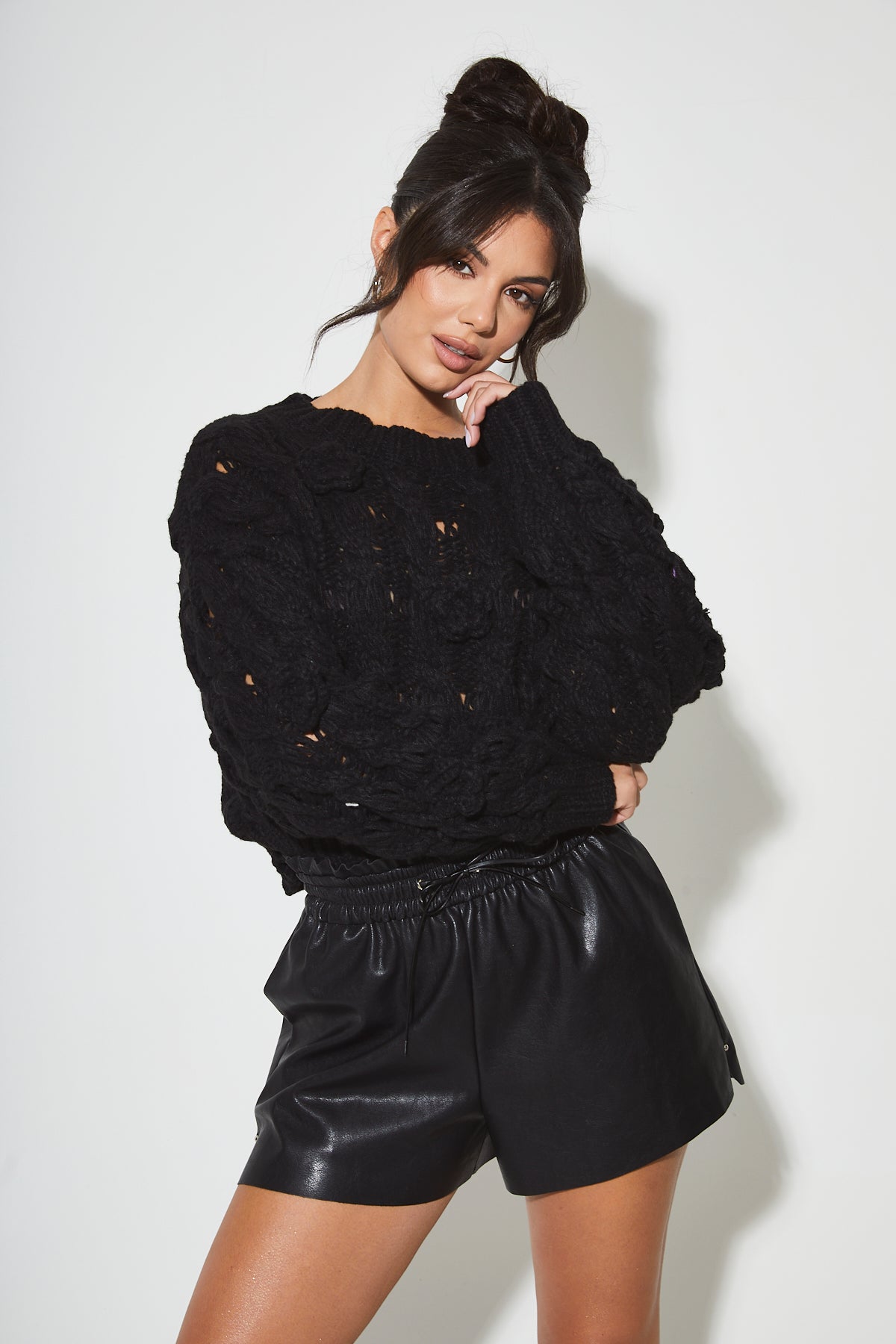 JOSEFINA Black Chunky Knit Rose Jumper