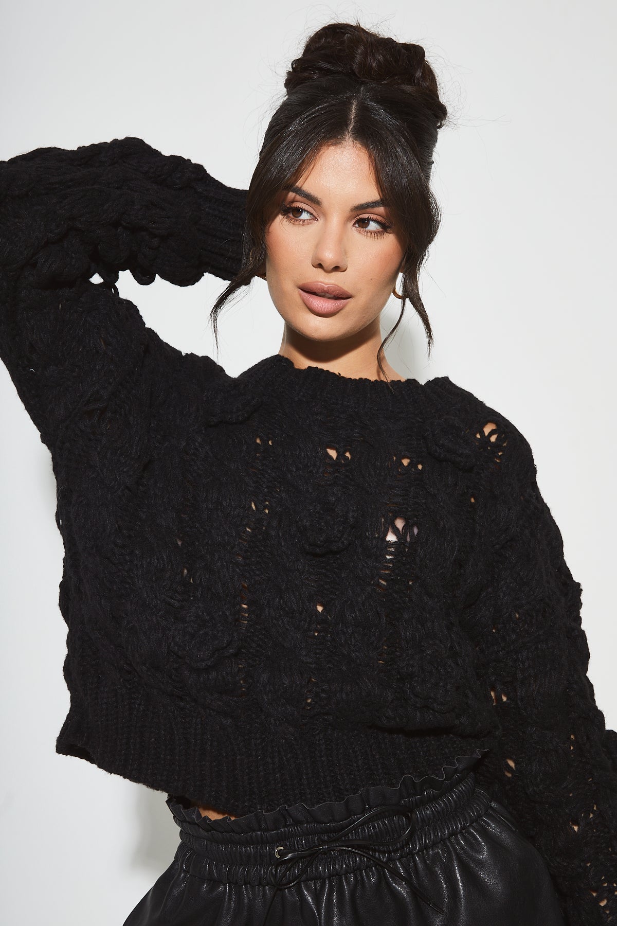 JOSEFINA Black Chunky Knit Rose Jumper