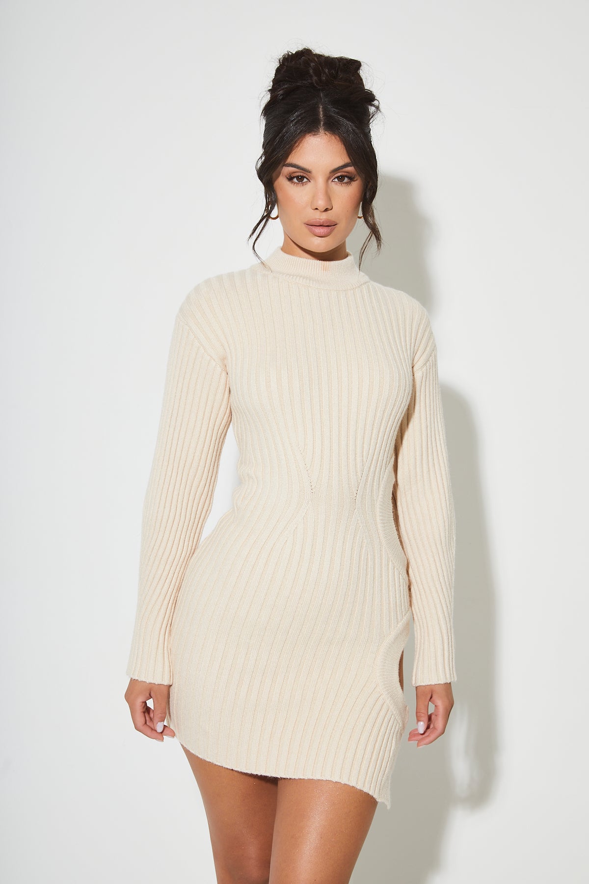 SADIE Cream Ribbed Knit Cut Out Dress