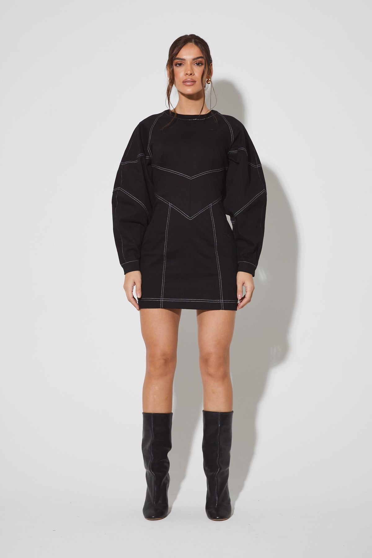 KALI Black Contrast Stitch Mini Dress