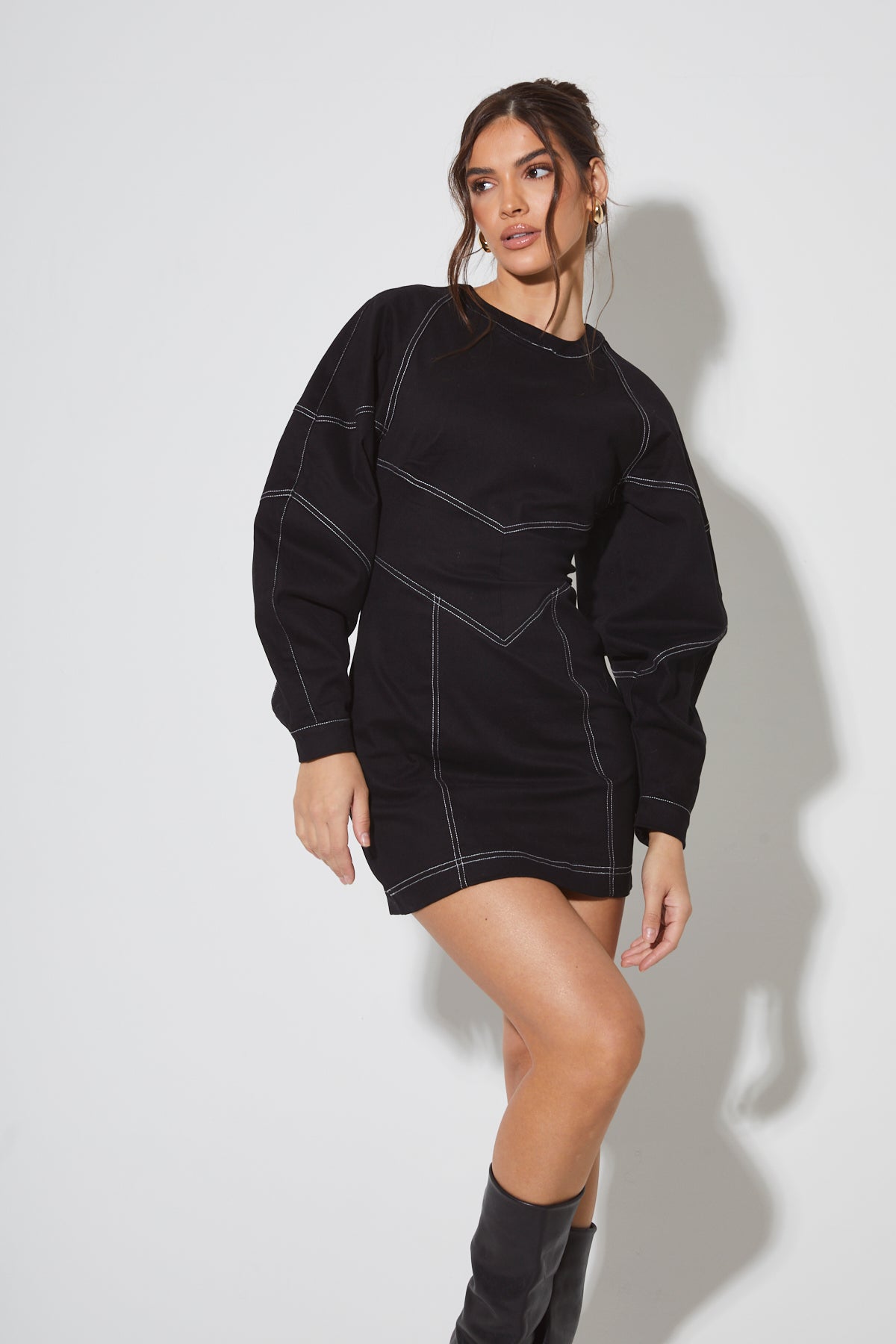 KALI Black Contrast Stitch Mini Dress