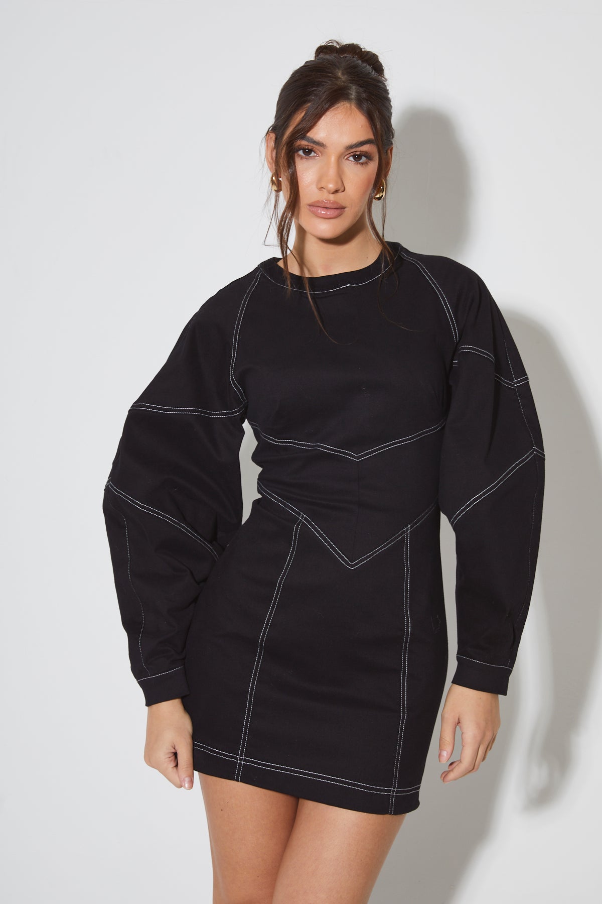 KALI Black Contrast Stitch Mini Dress