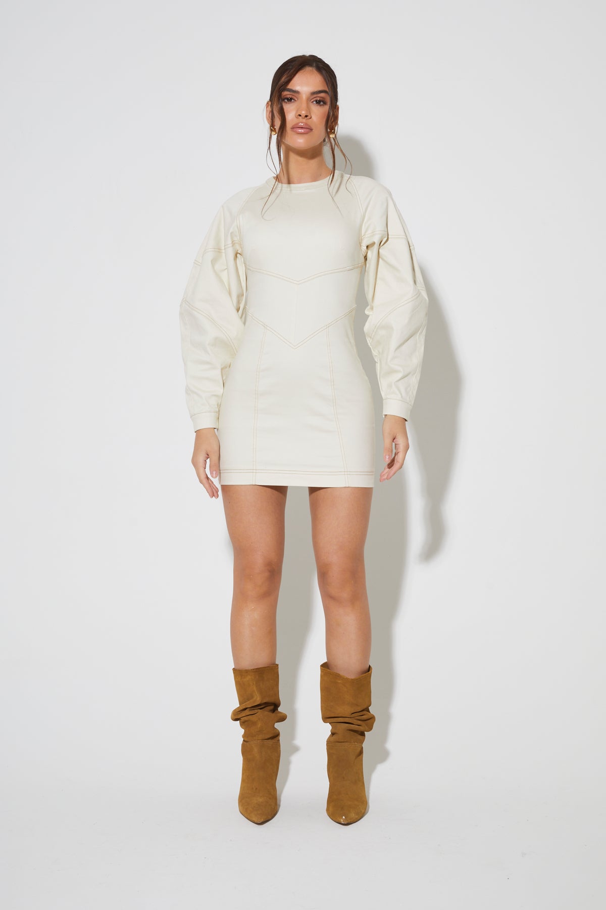 KALI Cream Contrast Stitch Mini Dress