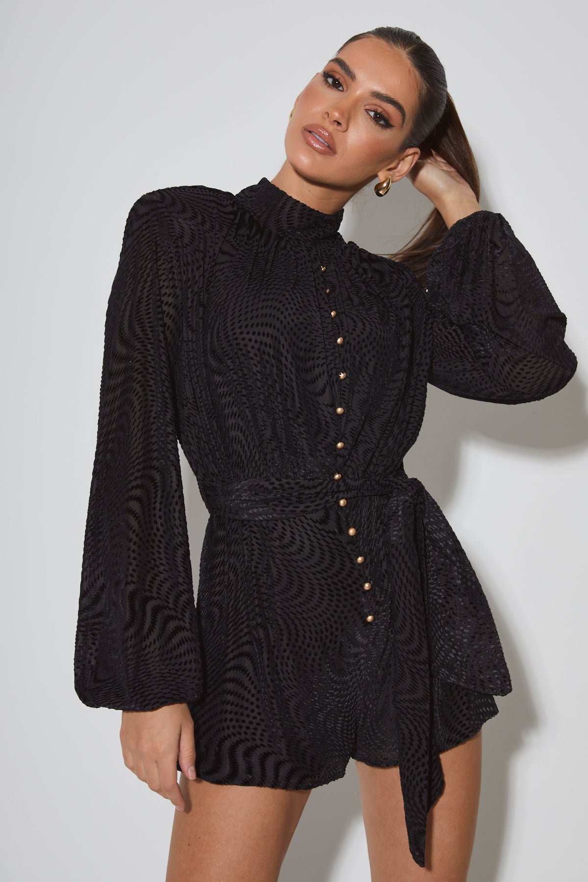 LYRA Black Textured Velvet Playsuit