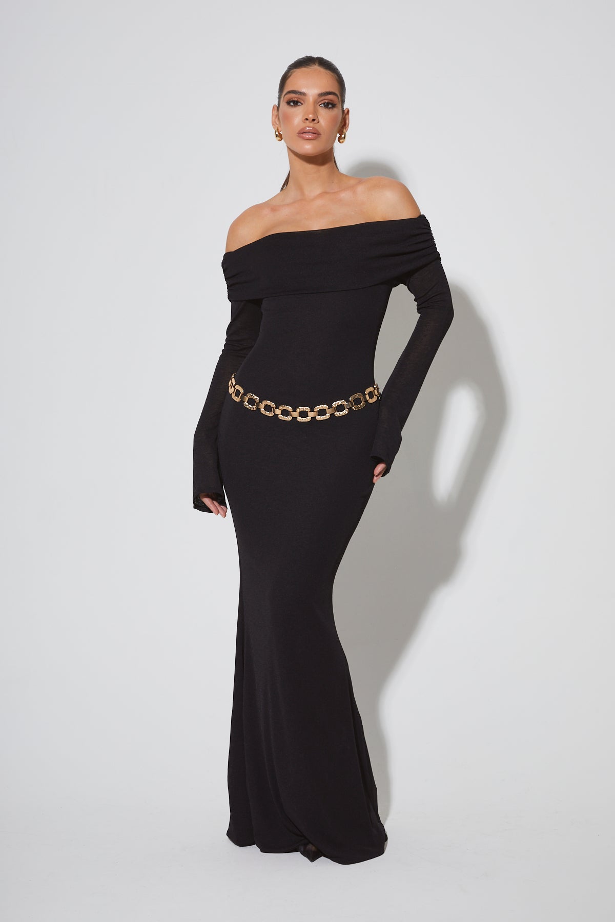 EVALINA Black Bardot Maxi Dress