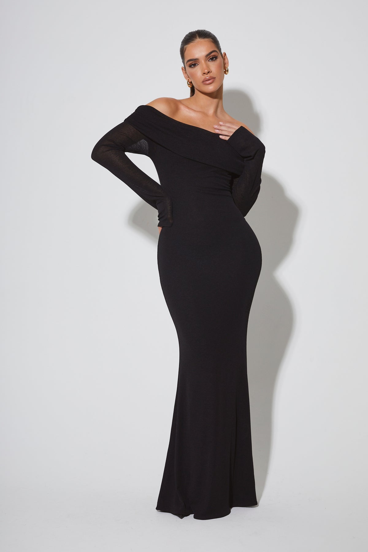 EVALINA Black Bardot Maxi Dress