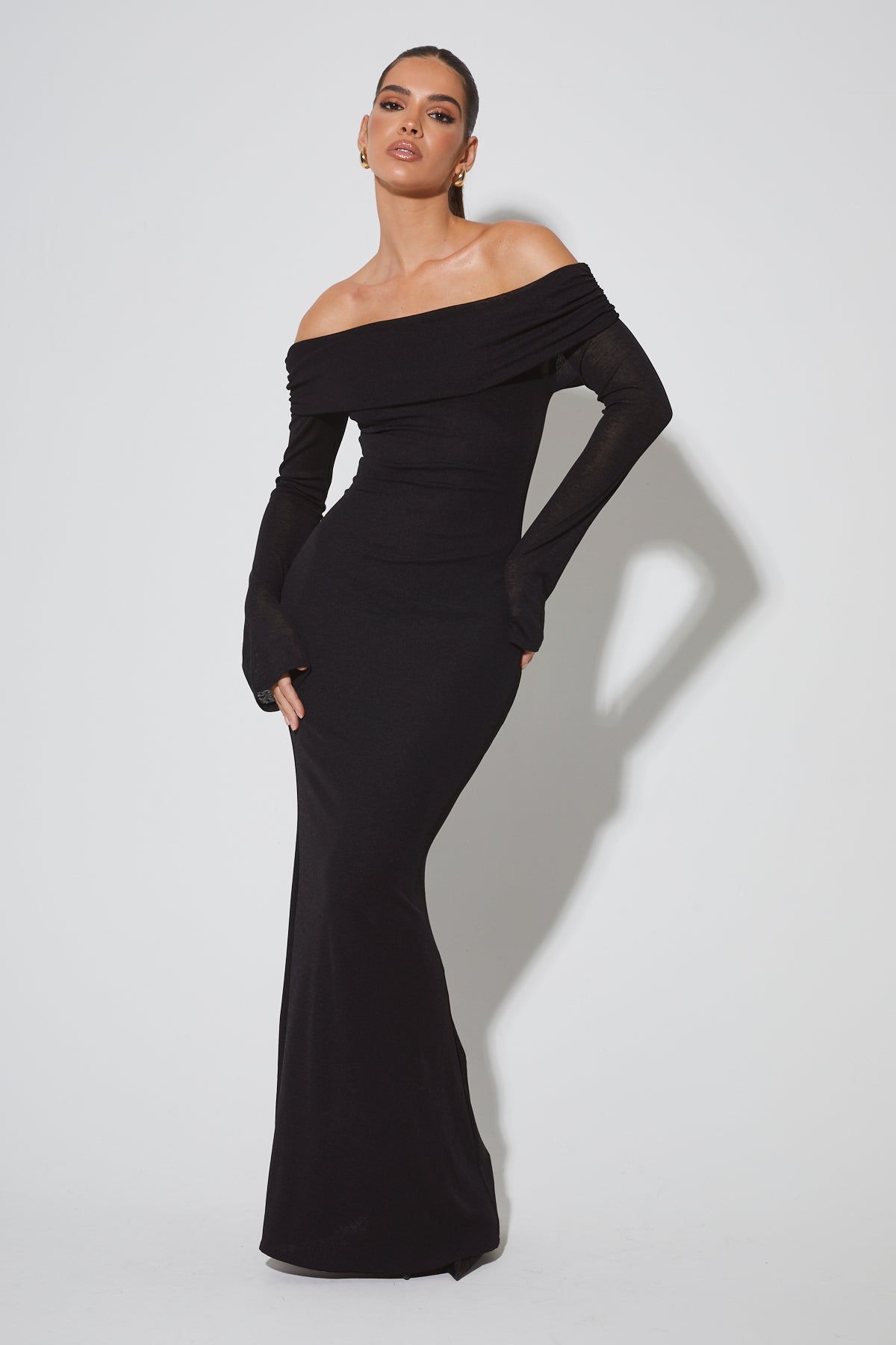 EVALINA Black Bardot Maxi Dress
