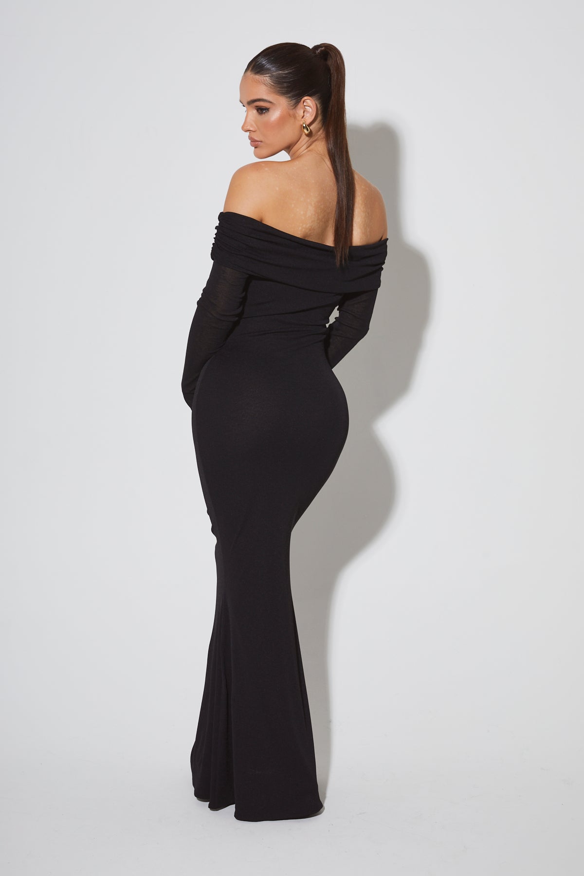 EVALINA Black Bardot Maxi Dress