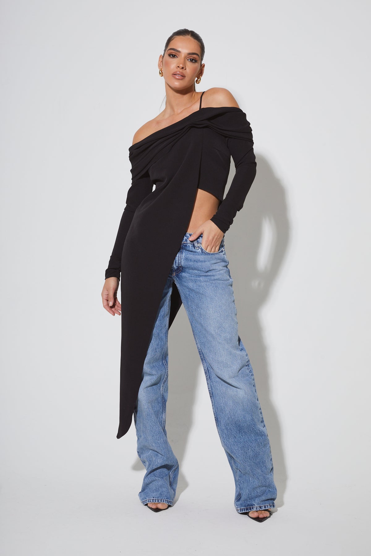 SANTINA Black Off The Shoulder Draped Top