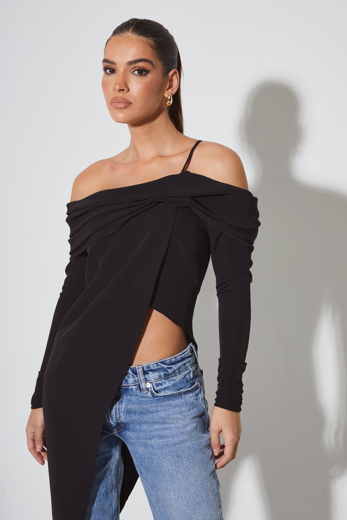 SANTINA Black Off The Shoulder Draped Top