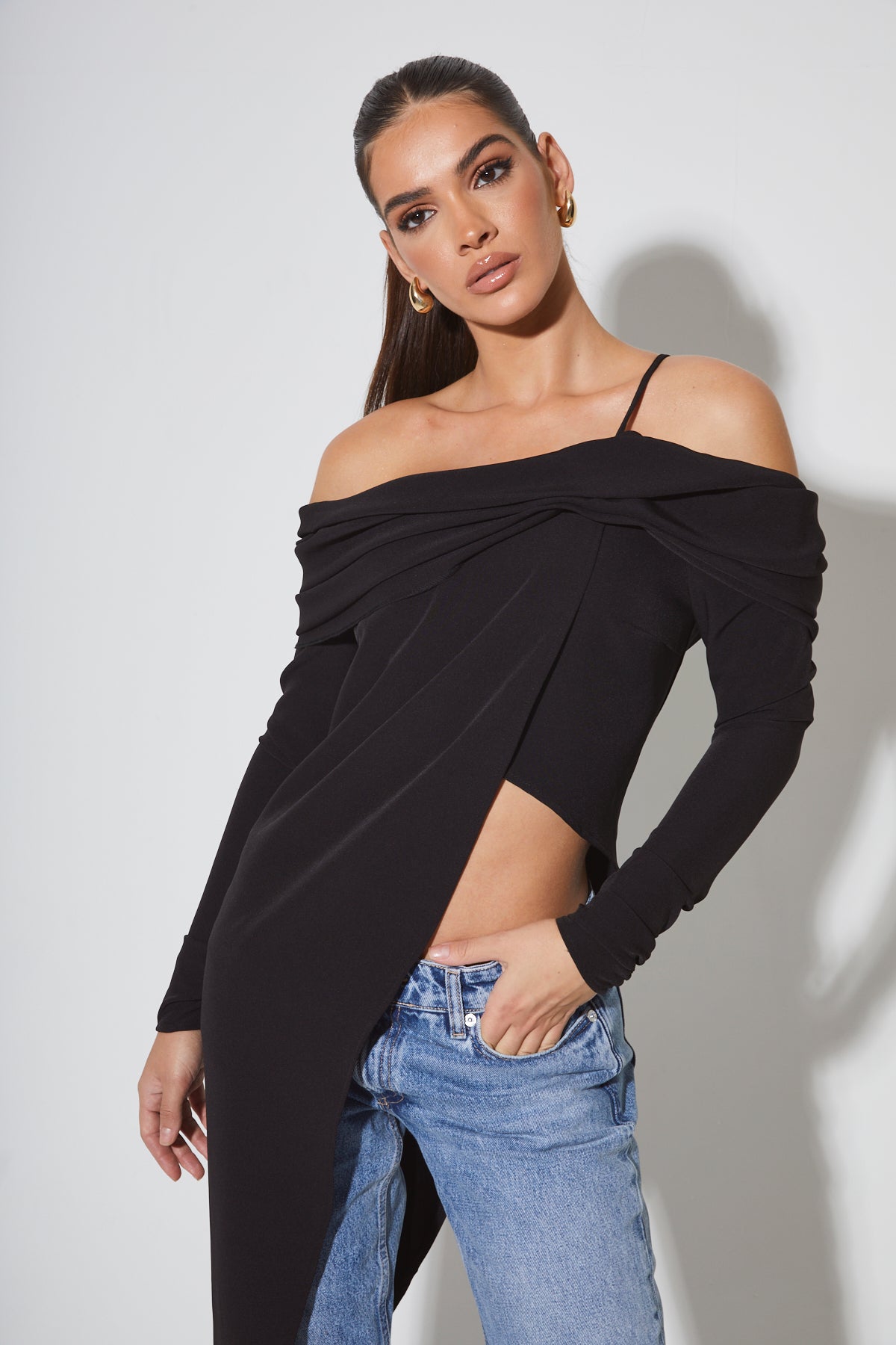 SANTINA Black Off The Shoulder Draped Top