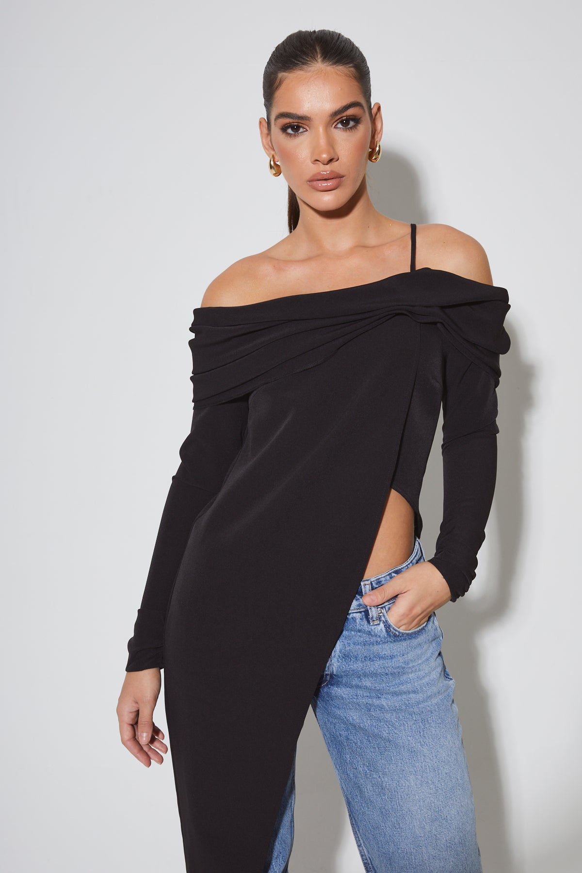 SANTINA Black Off The Shoulder Draped Top