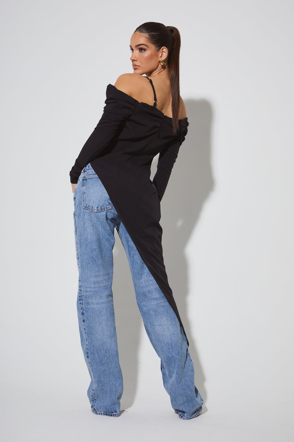 SANTINA Black Off The Shoulder Draped Top