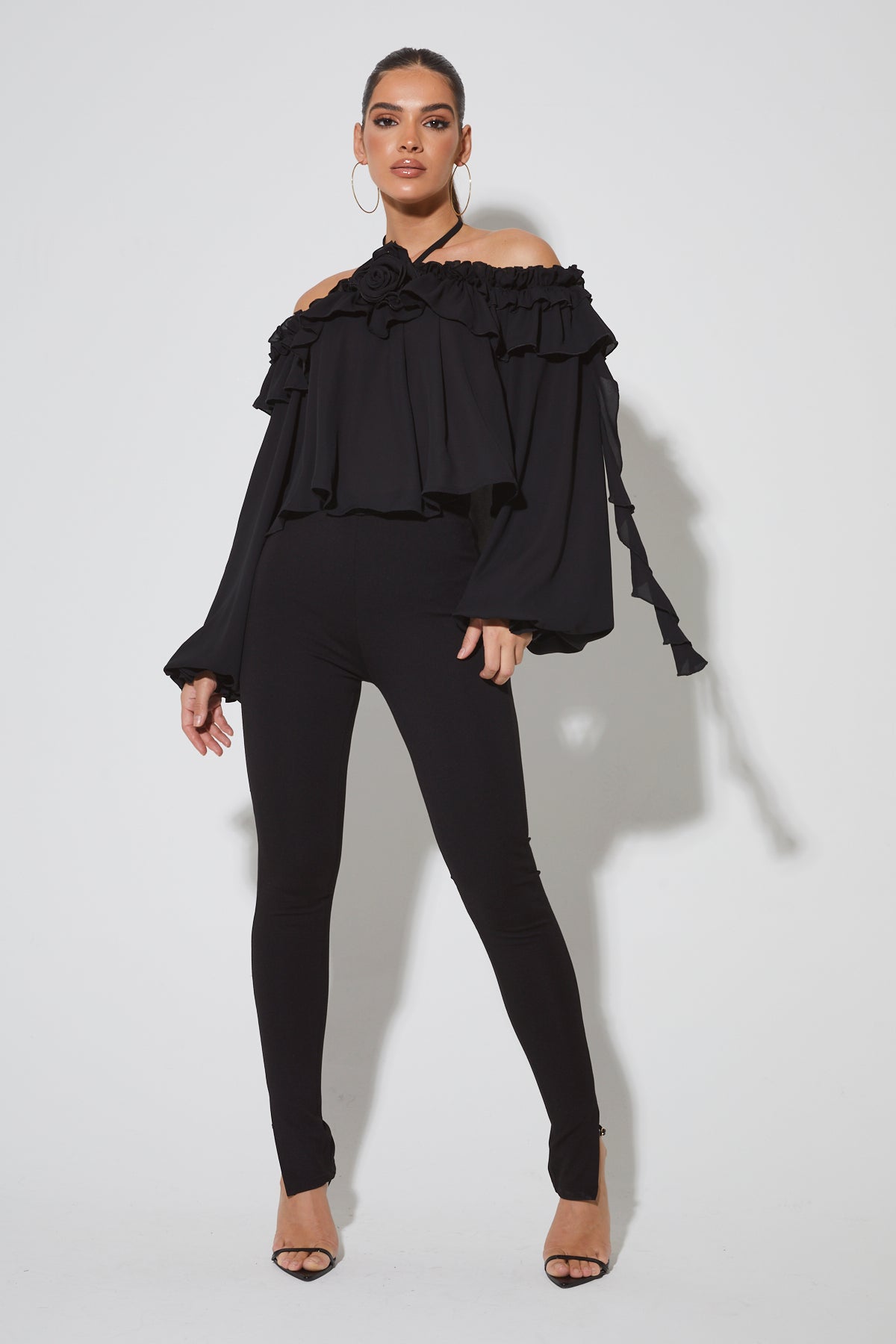 ALICE Black Rose Ruffle Off The Shoulder Blouse