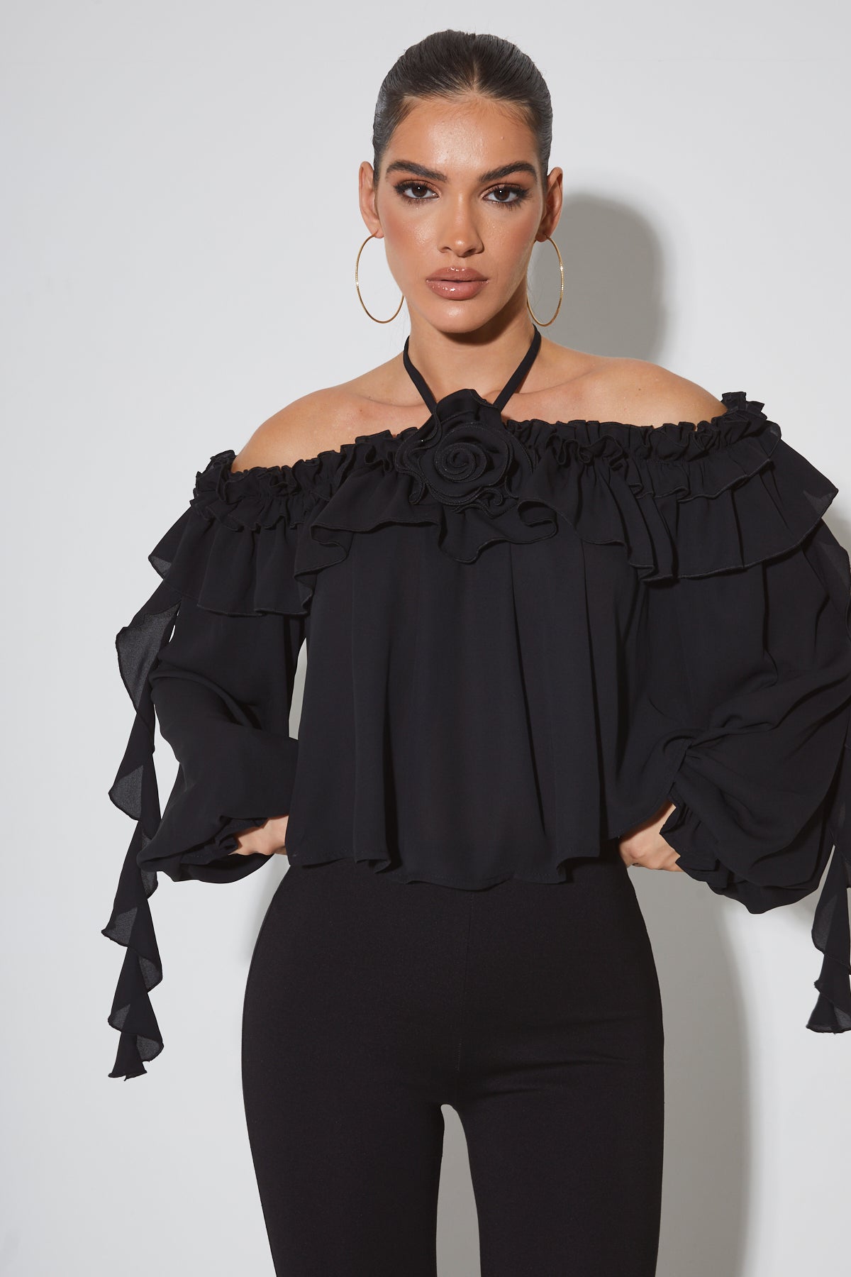 ALICE Black Rose Ruffle Off The Shoulder Blouse