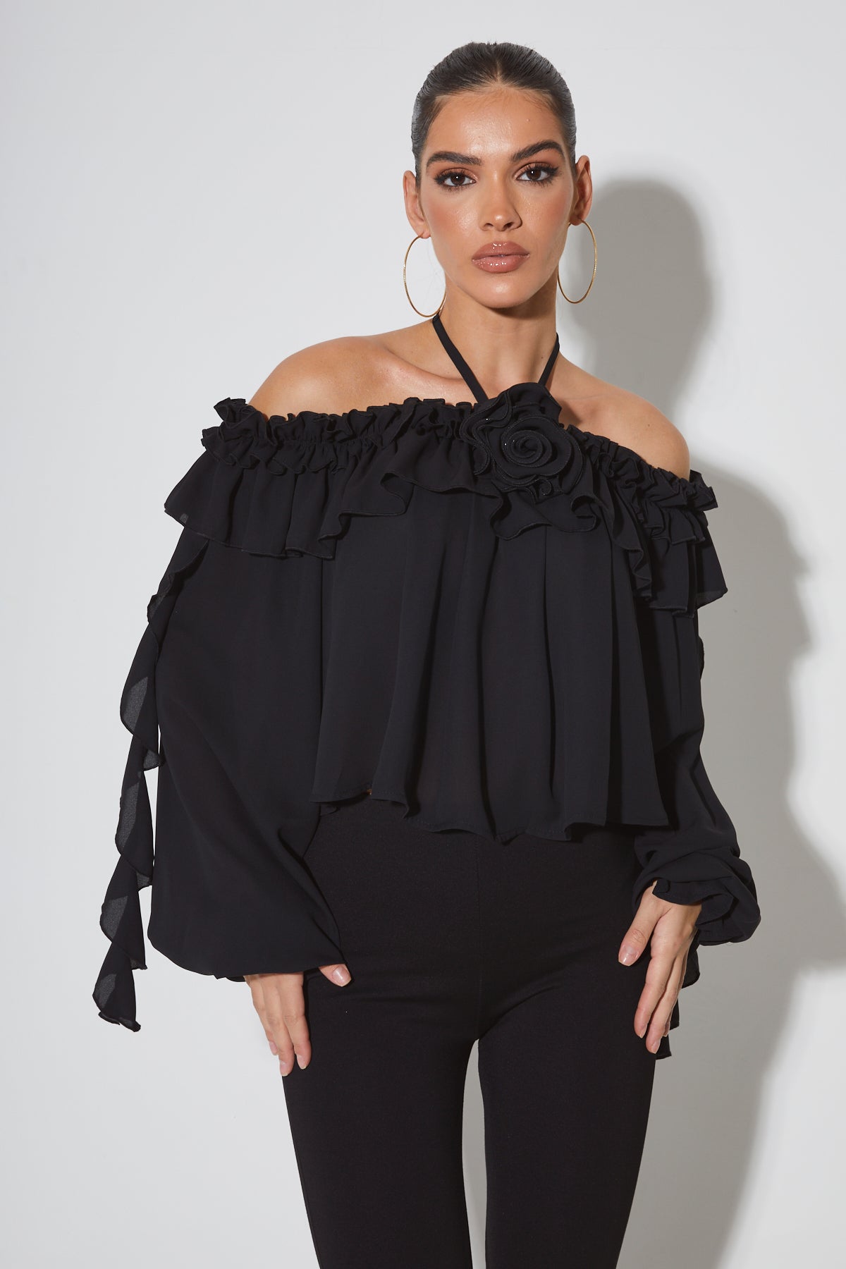 ALICE Black Rose Ruffle Off The Shoulder Blouse