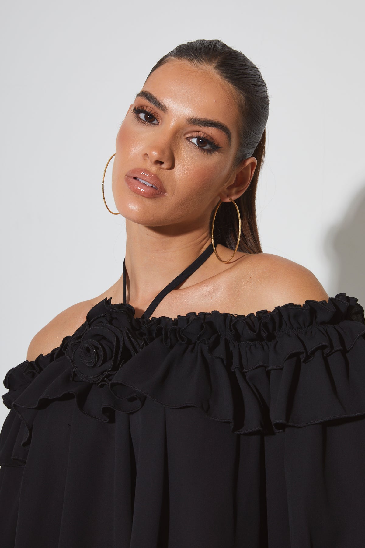 ALICE Black Rose Ruffle Off The Shoulder Blouse