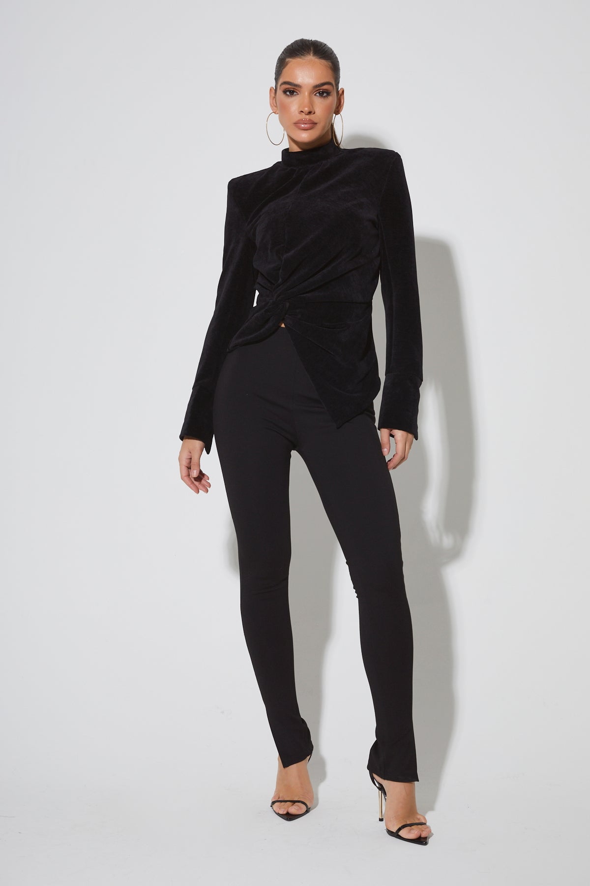 DULCE Black Velvet Draped High Neck Top
