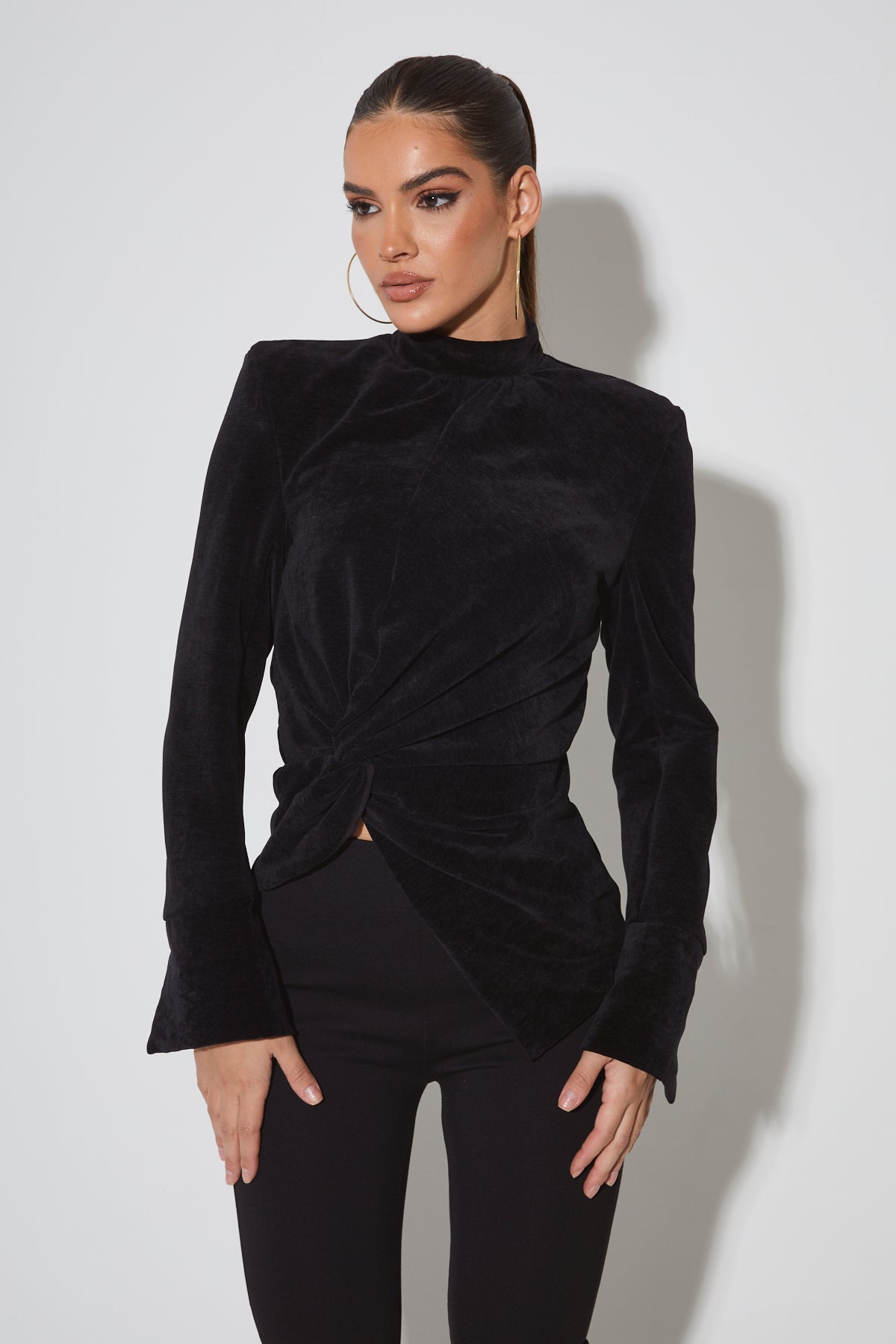 DULCE Black Velvet Draped High Neck Top
