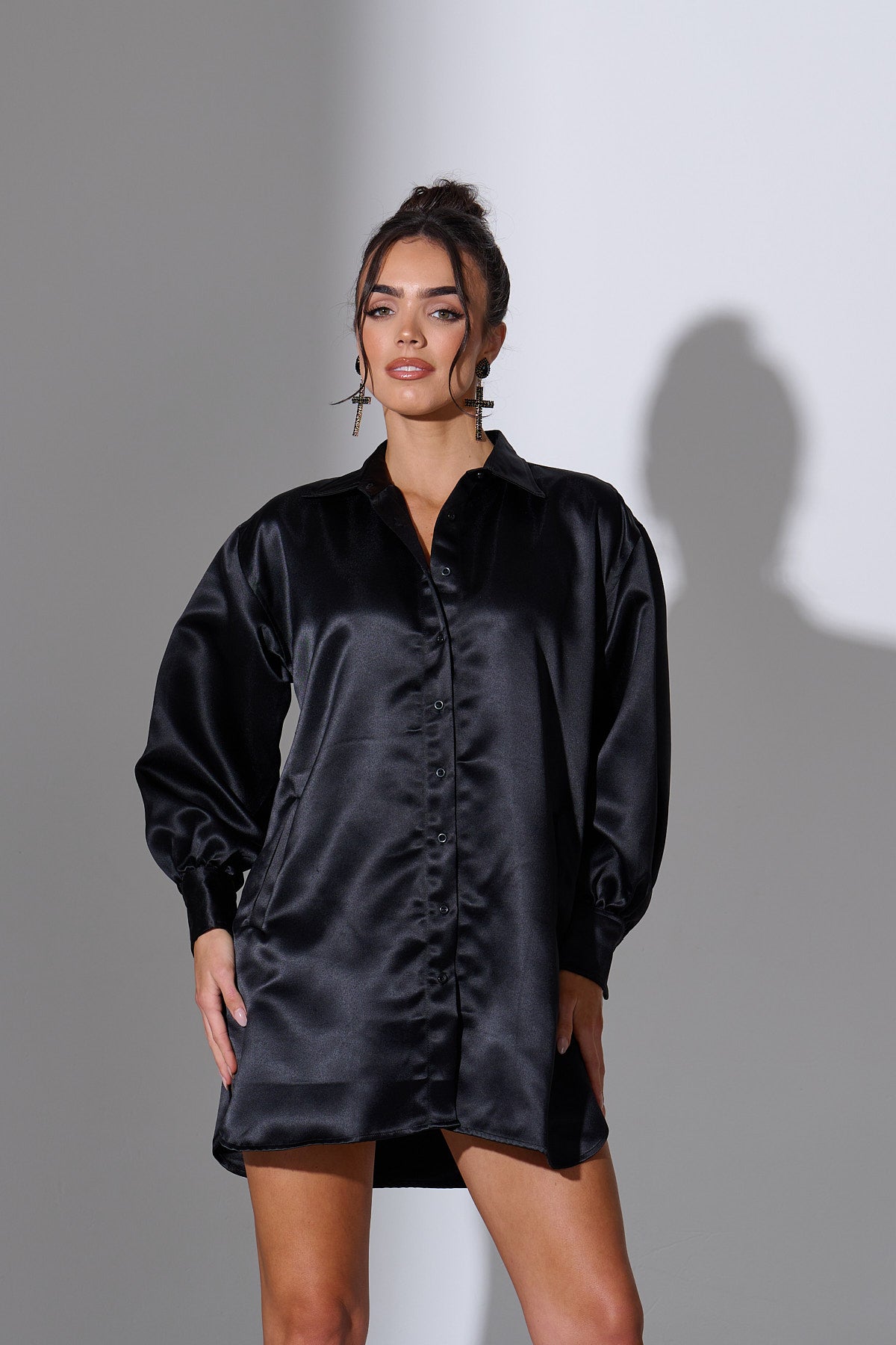 LIRA Black Oversized Satin Shirt