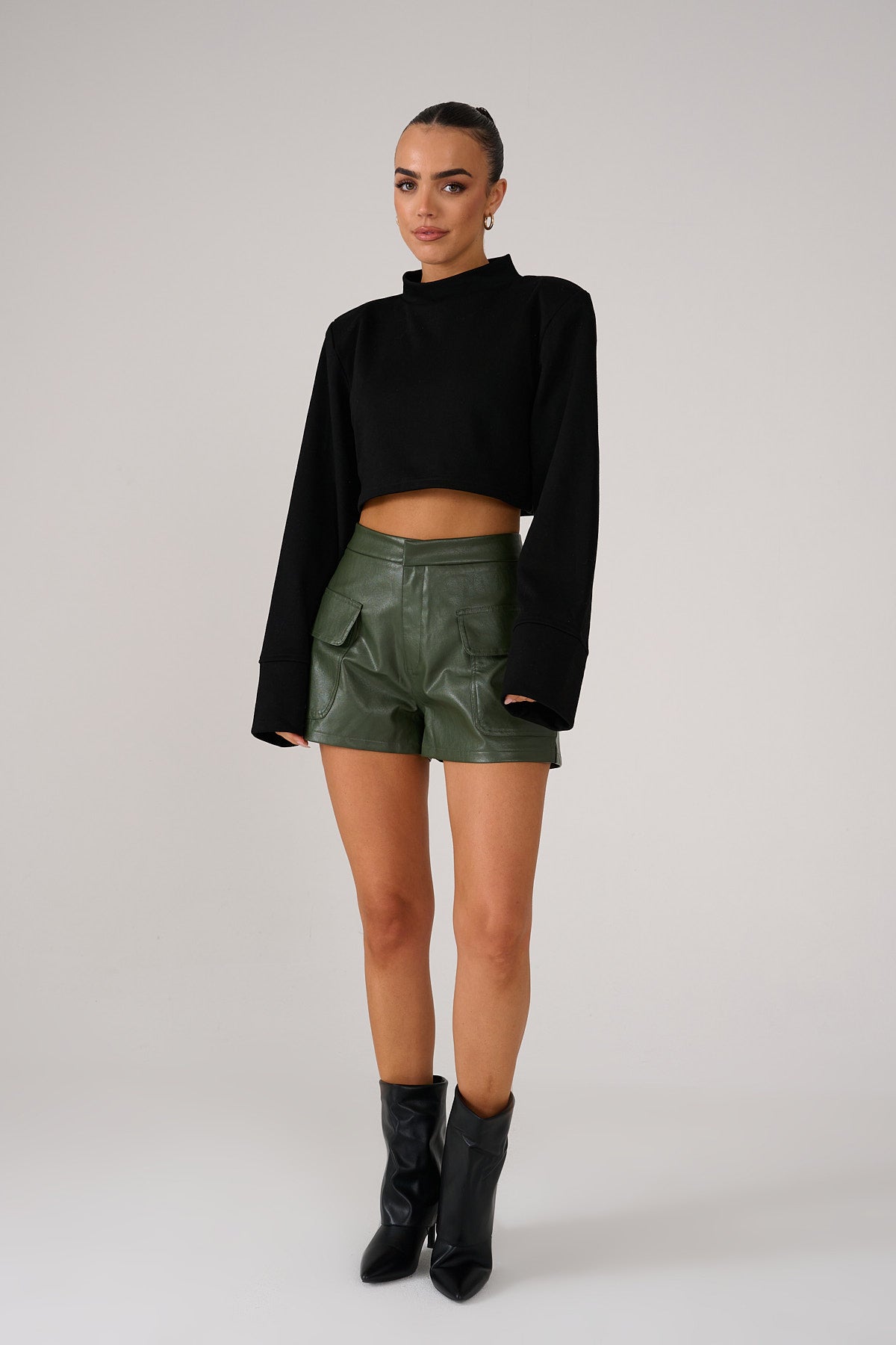 EMME High Waist Khaki PU Leather Shorts