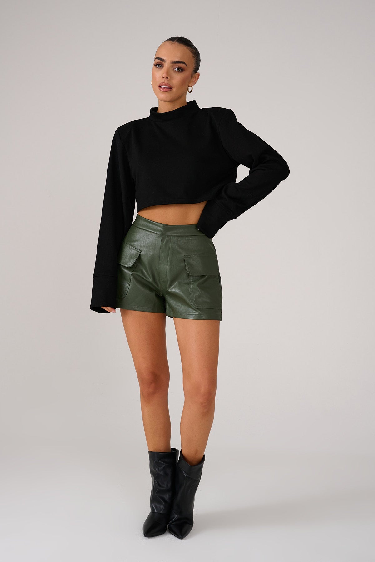 EMME High Waist Khaki PU Leather Shorts