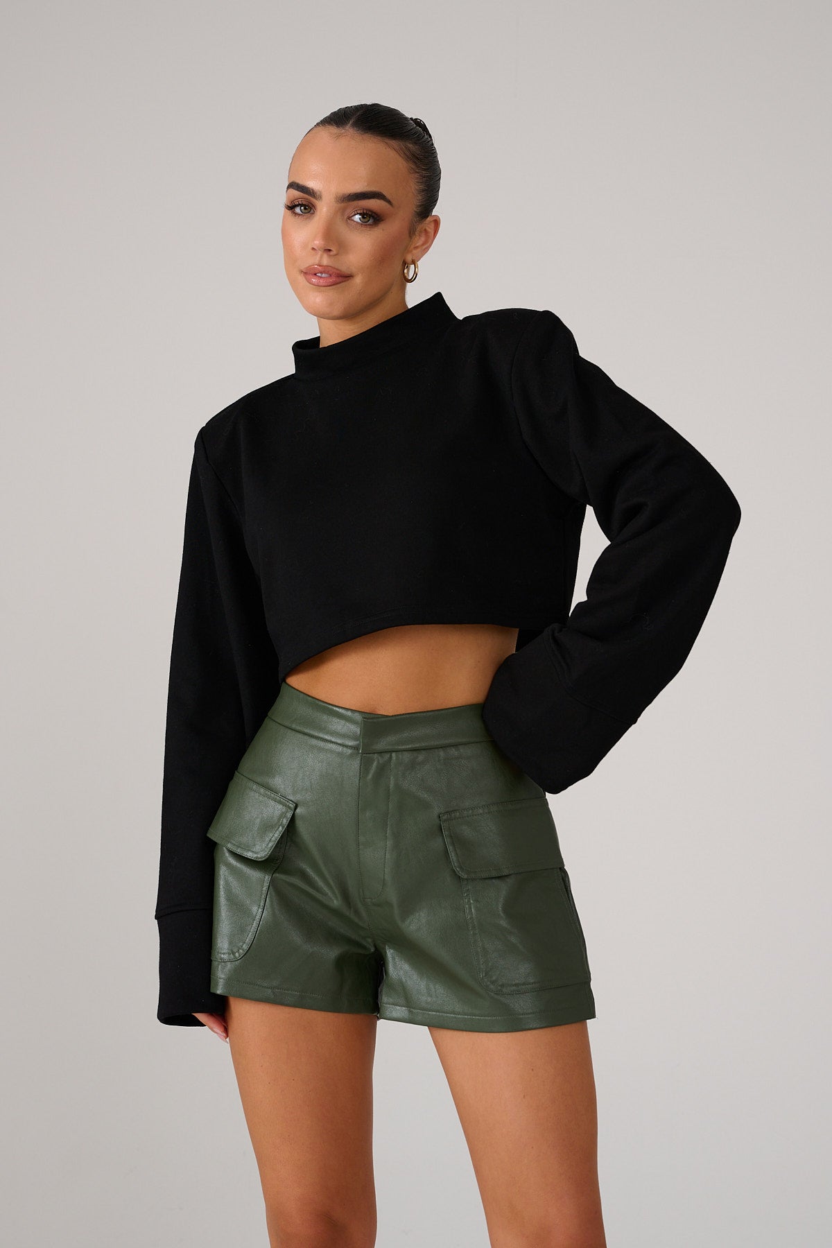 EMME High Waist Khaki PU Leather Shorts