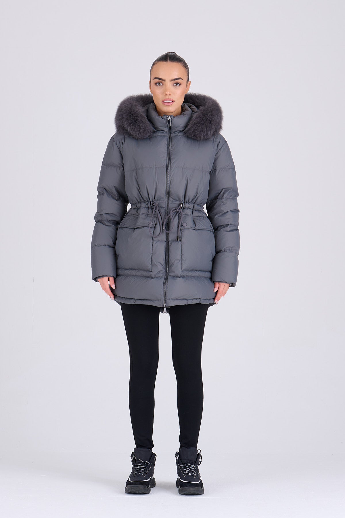 PETRA Mid Grey Down Coat - Grey Fur