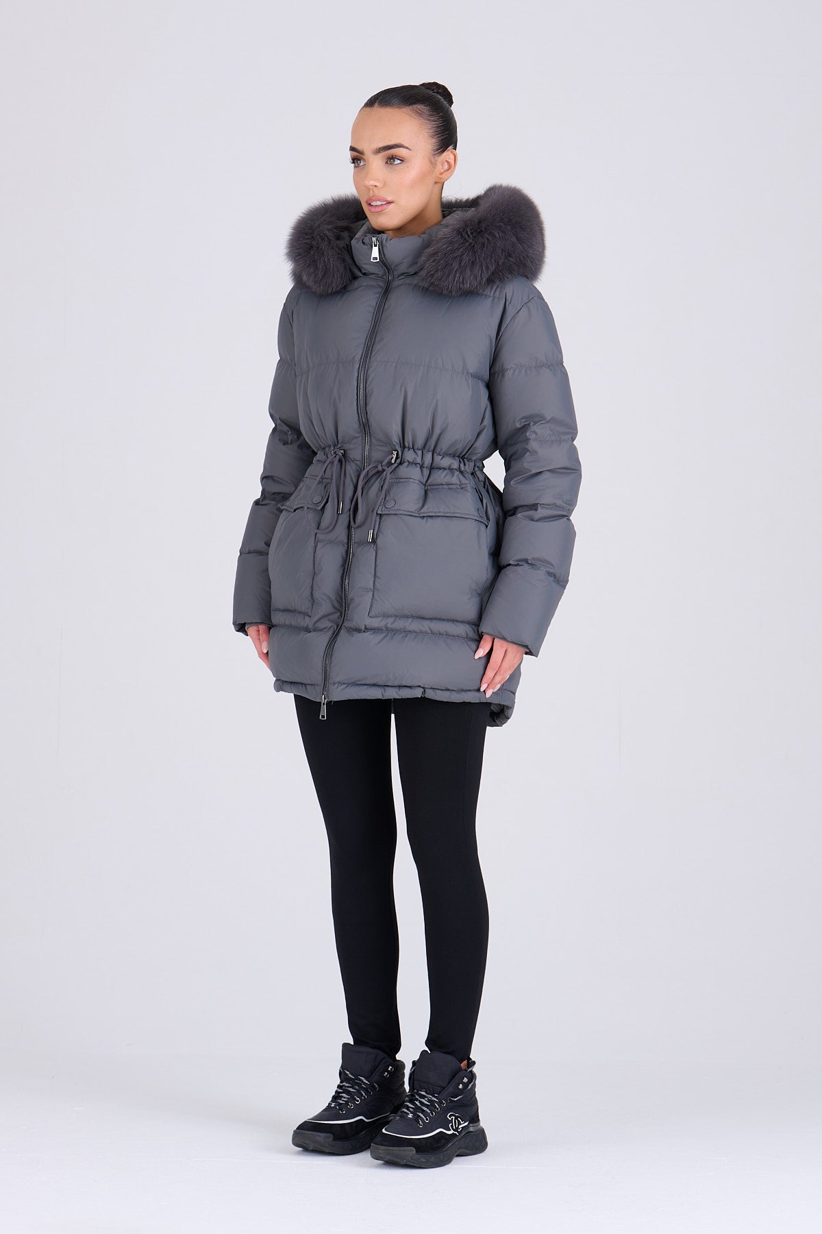 PETRA Mid Grey Down Coat - Grey Fur