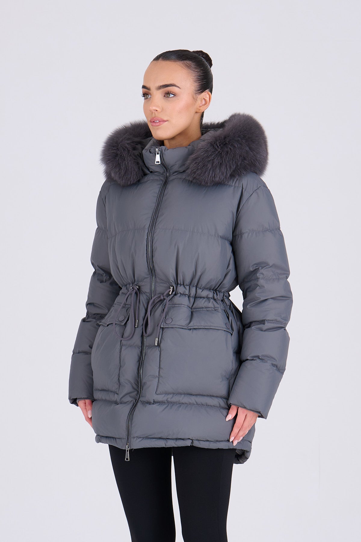 PETRA Mid Grey Down Coat - Grey Fur