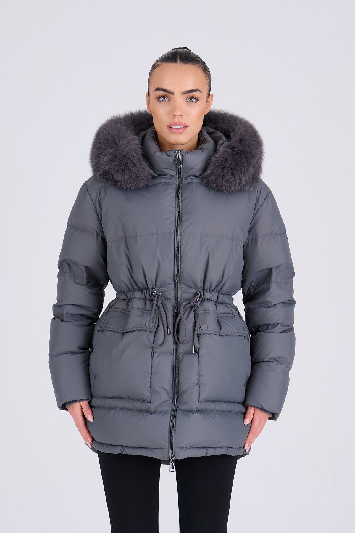 PETRA Mid Grey Down Coat - Grey Fur