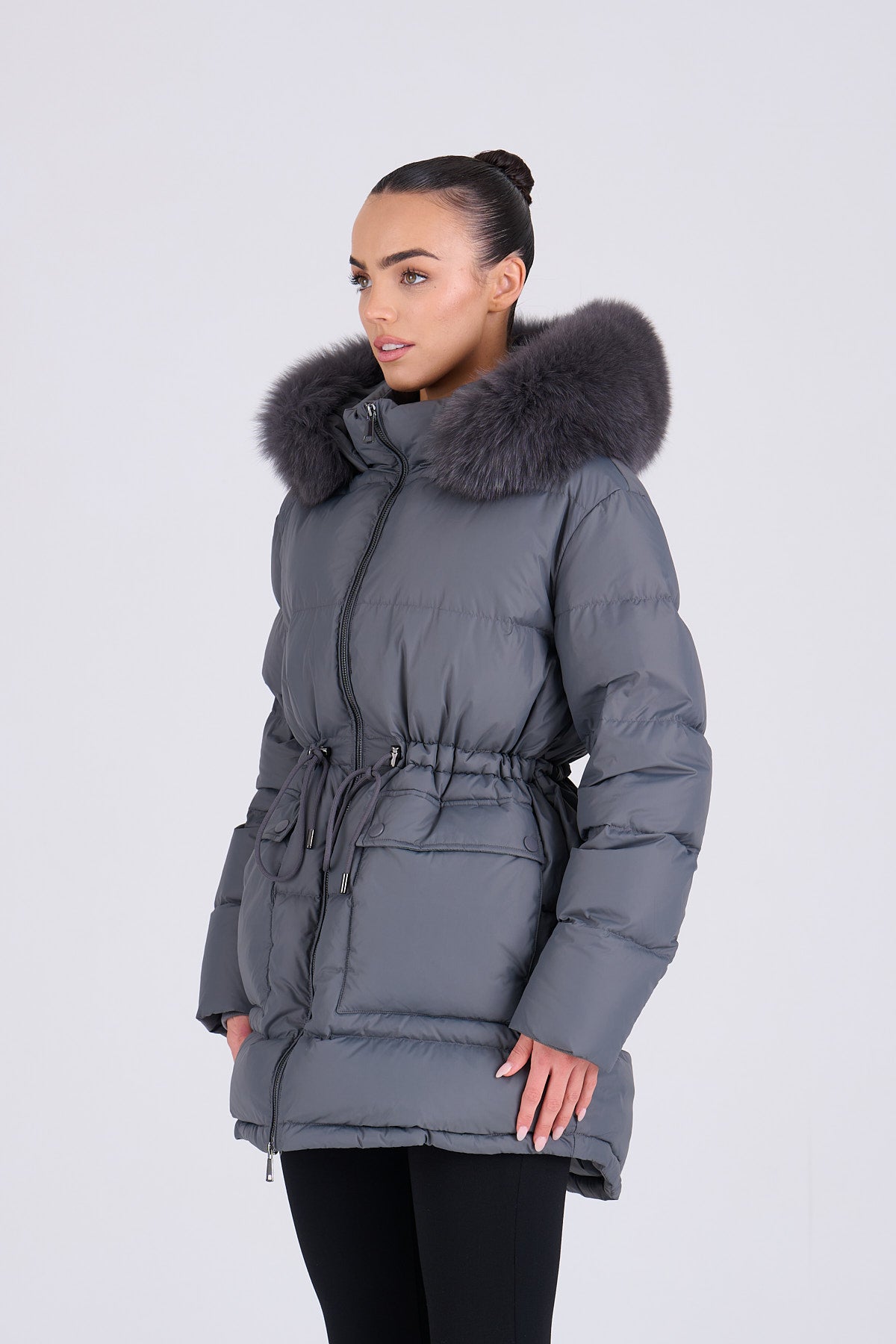 PETRA Mid Grey Down Coat - Grey Fur