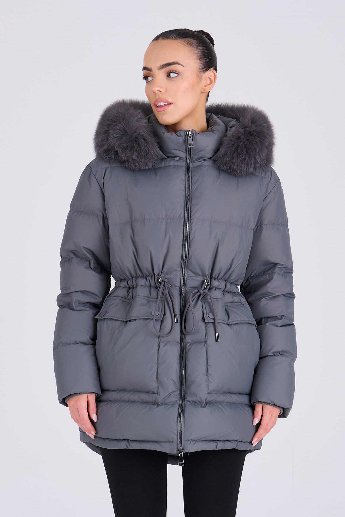 PETRA Mid Grey Down Coat - Grey Fur