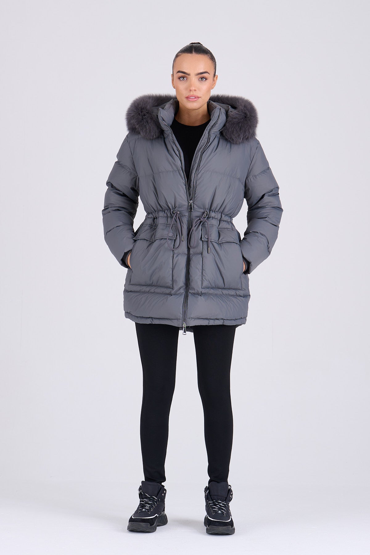 PETRA Mid Grey Down Coat - Grey Fur