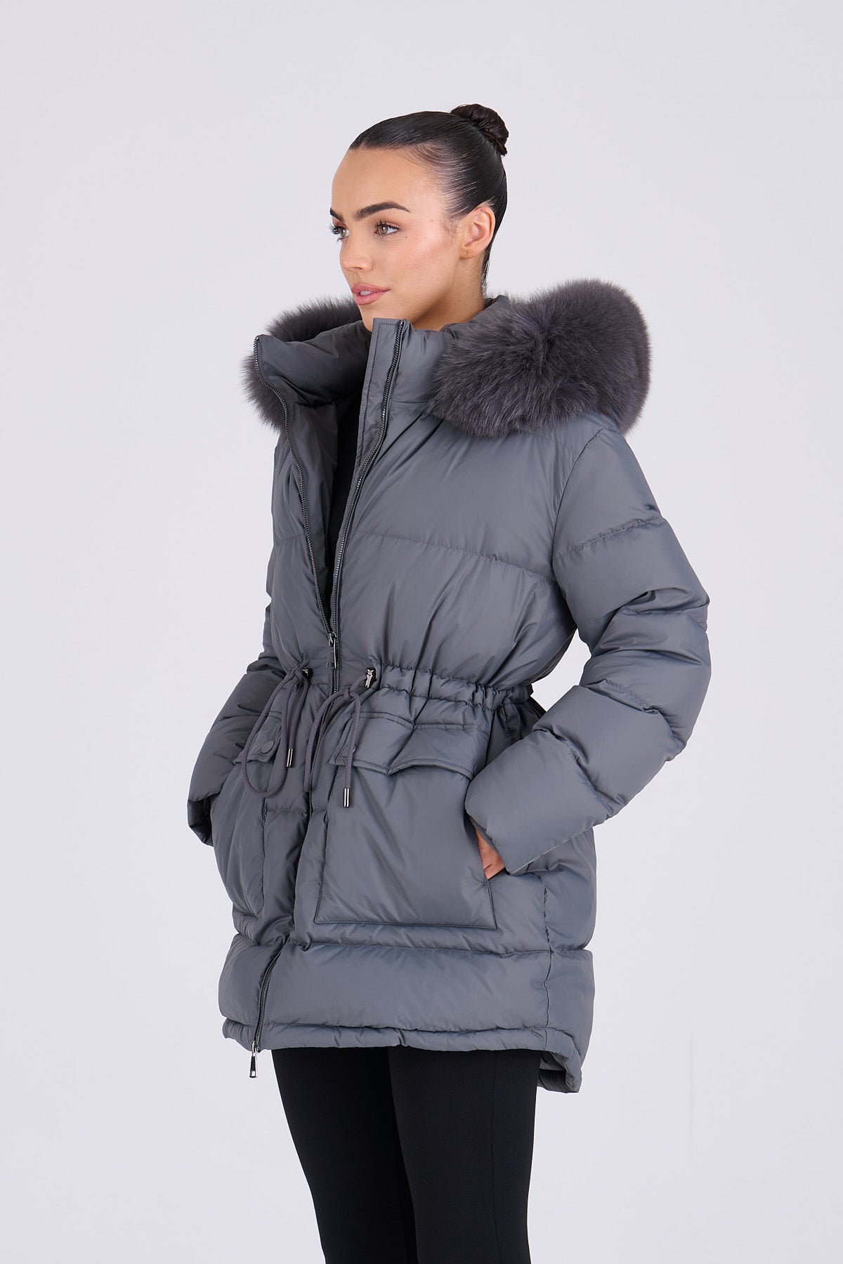 PETRA Mid Grey Down Coat - Grey Fur