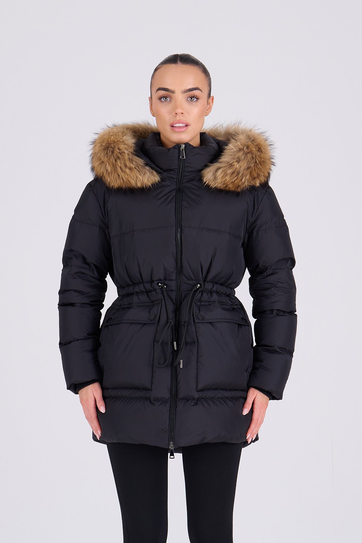 PETRA Mid Black Down Coat - Natural Fur