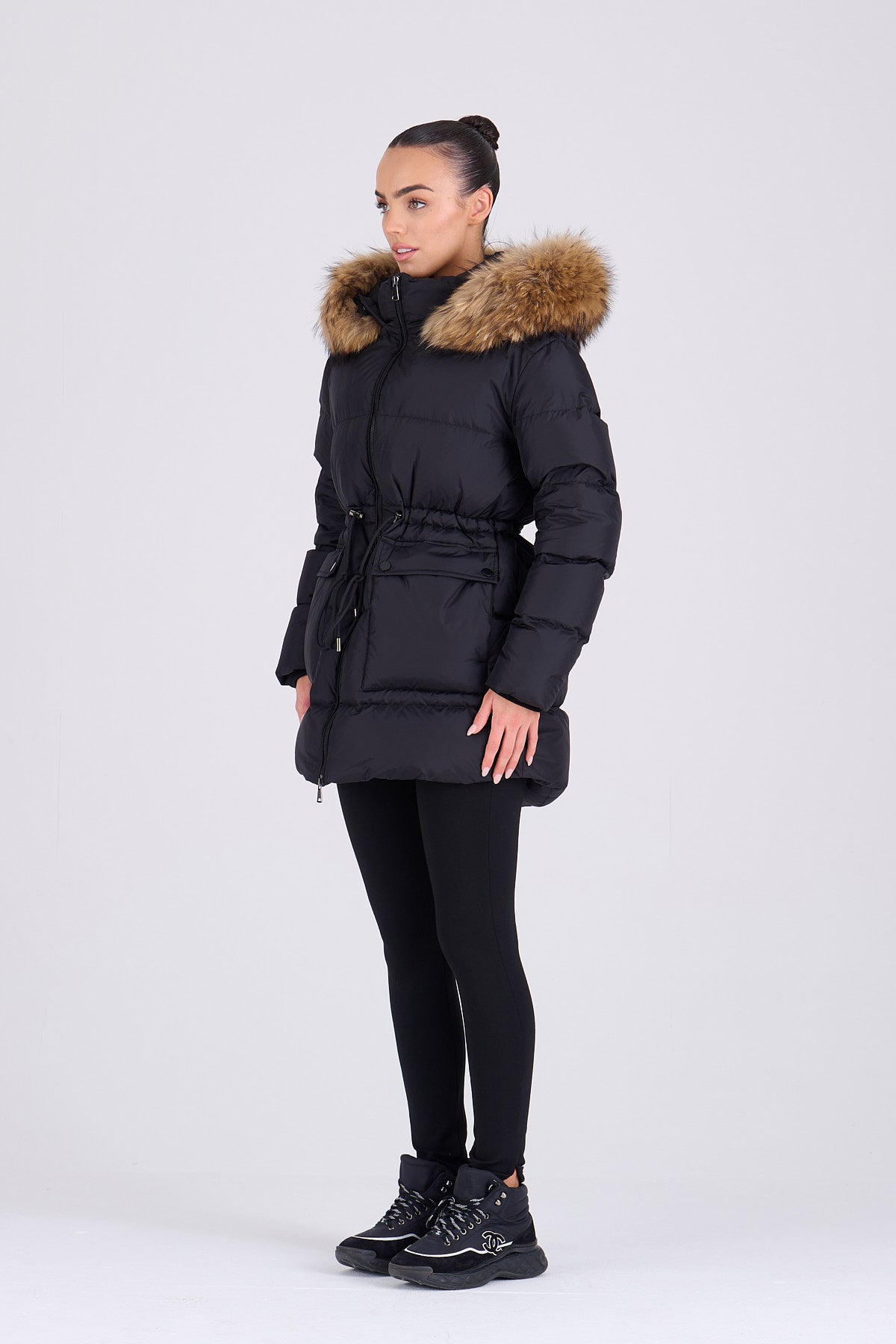 PETRA Mid Black Down Coat - Natural Fur