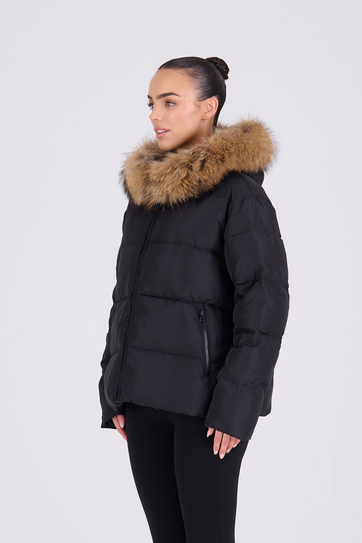 ADOLA Black Bomber Coat- Natural Fur
