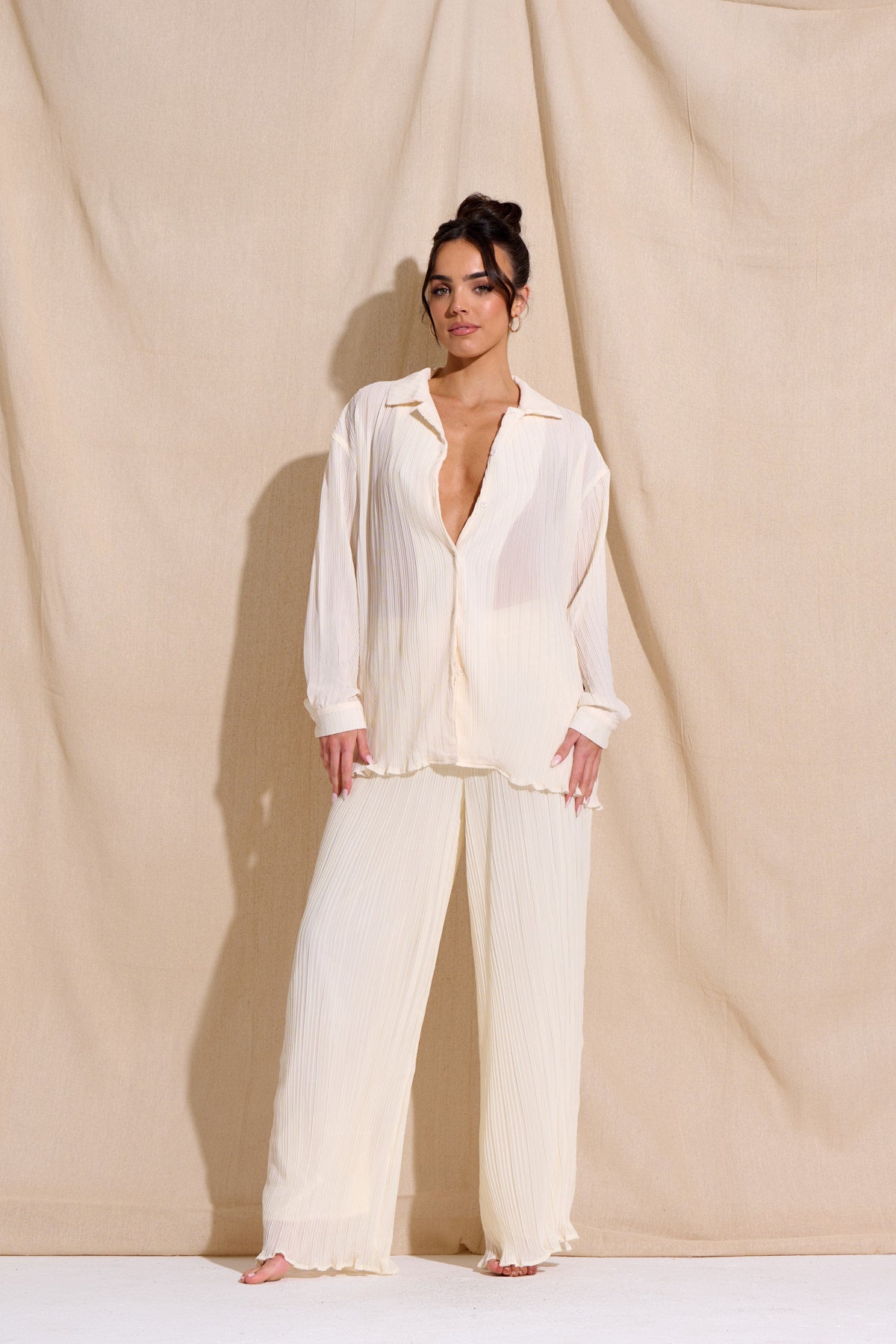 CHIA Cream Plisse Top & Trouser Set