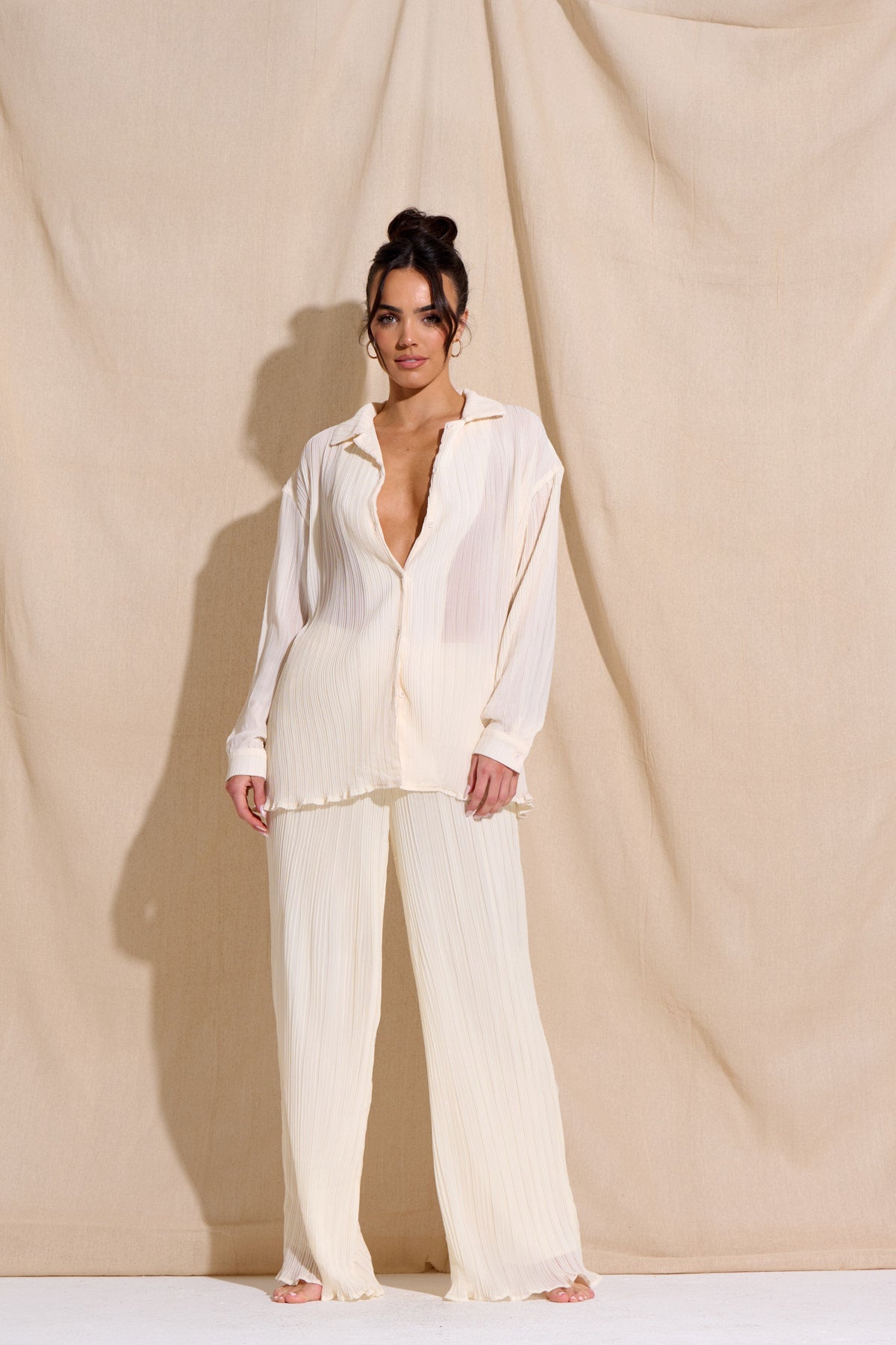 CHIA Cream Plisse Top & Trouser Set