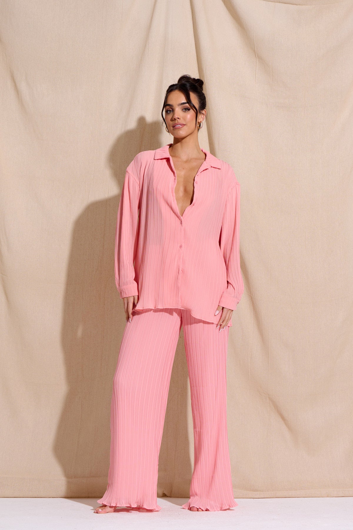 CHIA Pink Plisse Top & Trouser Set