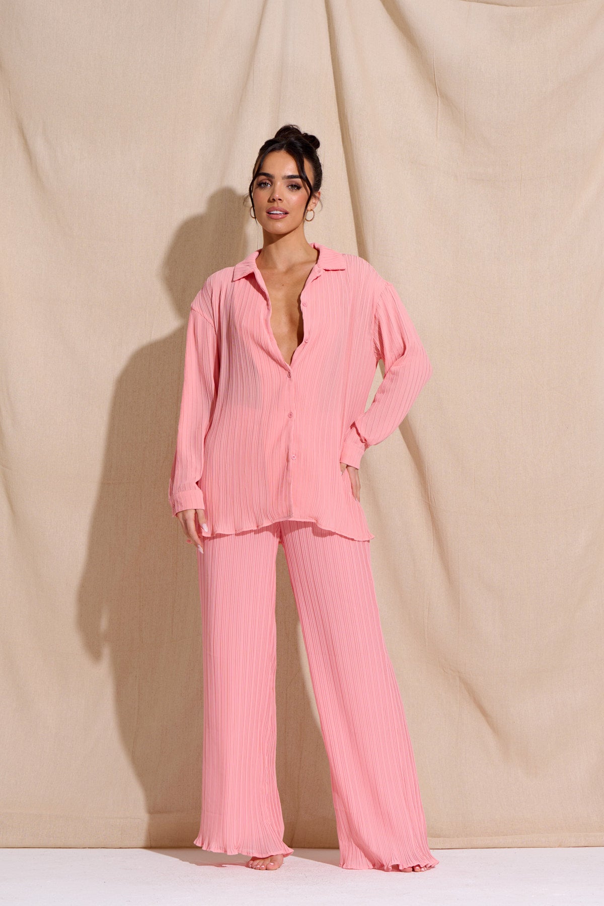 CHIA Pink Plisse Top & Trouser Set