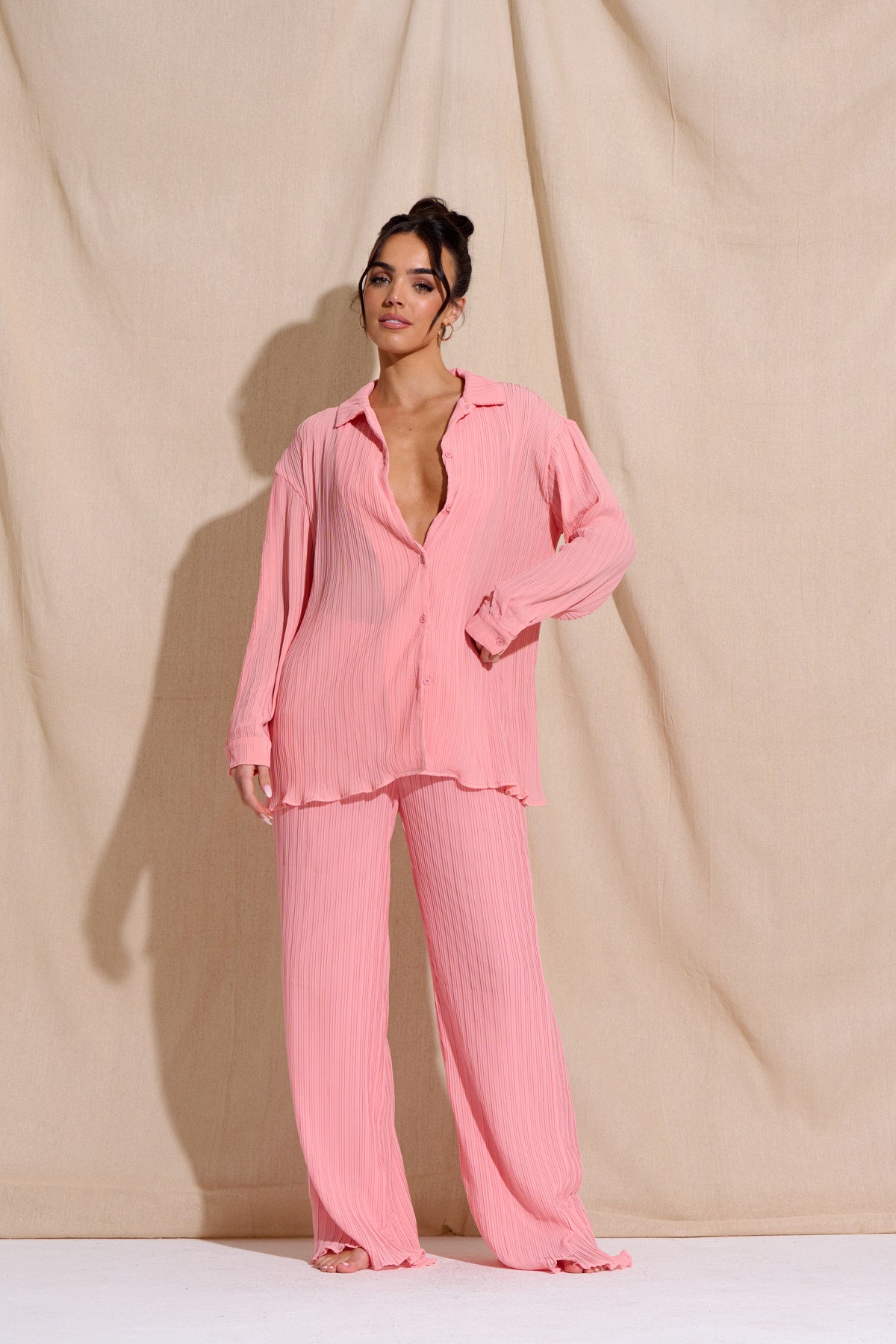 CHIA Pink Plisse Top & Trouser Set