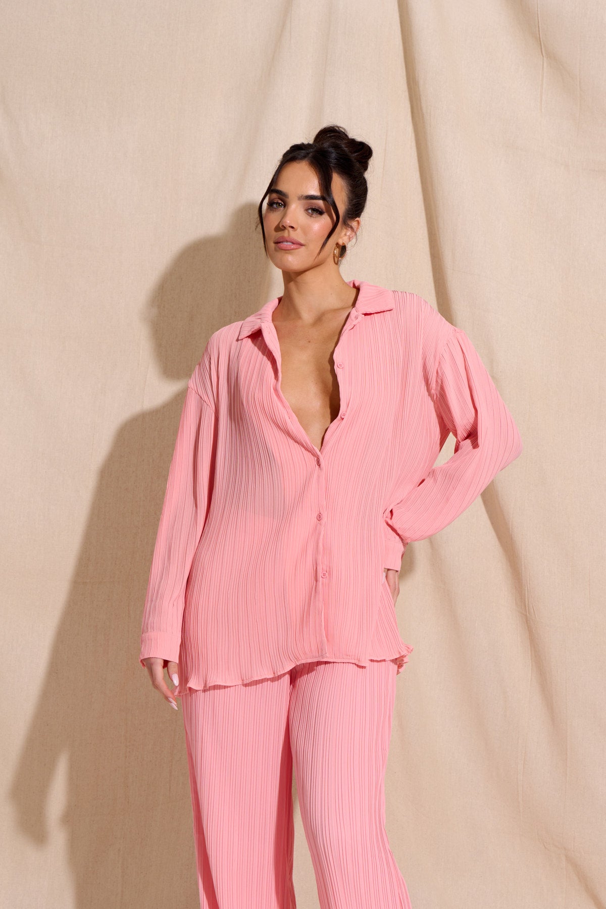 CHIA Pink Plisse Top & Trouser Set