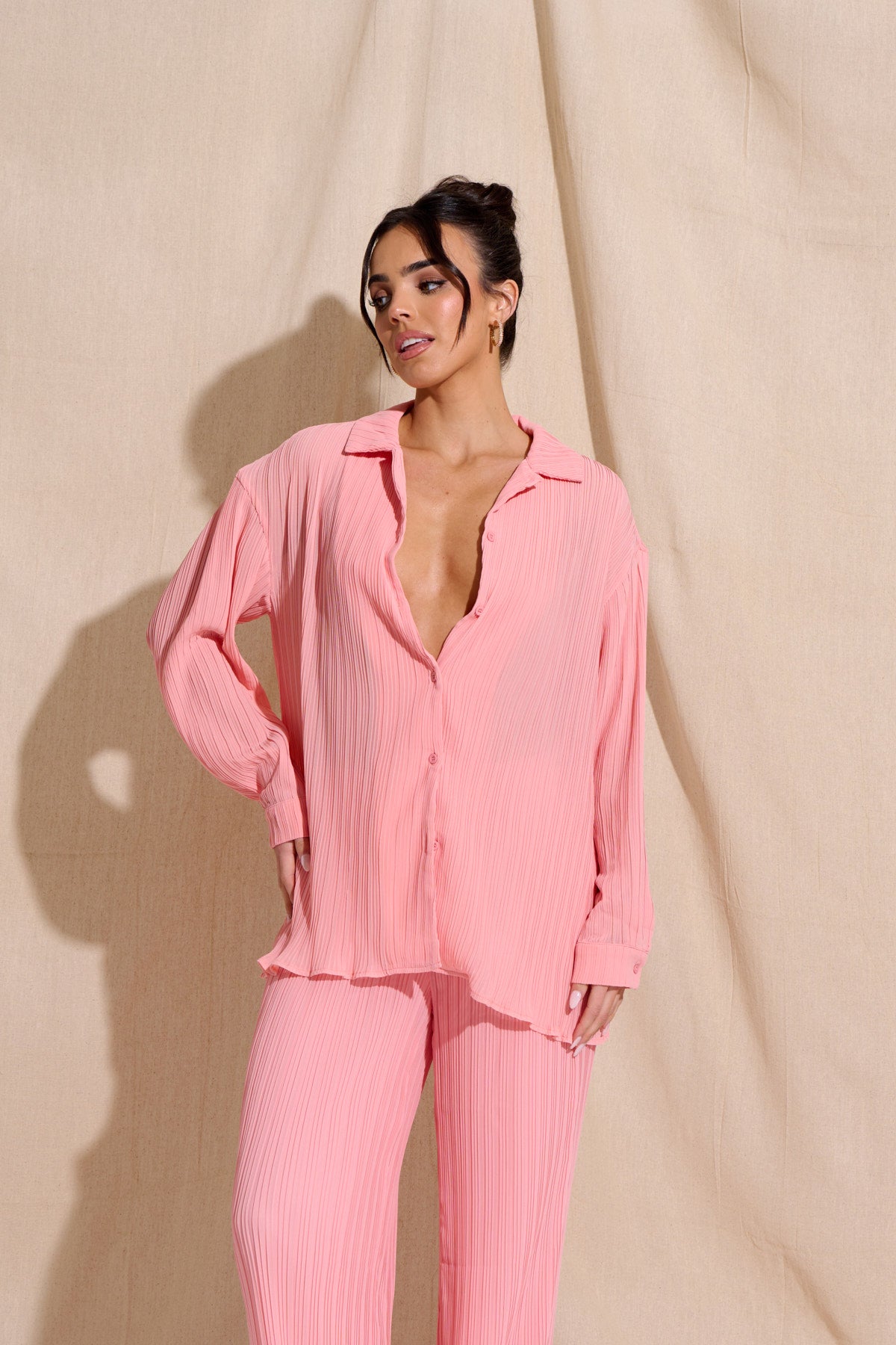 CHIA Pink Plisse Top & Trouser Set