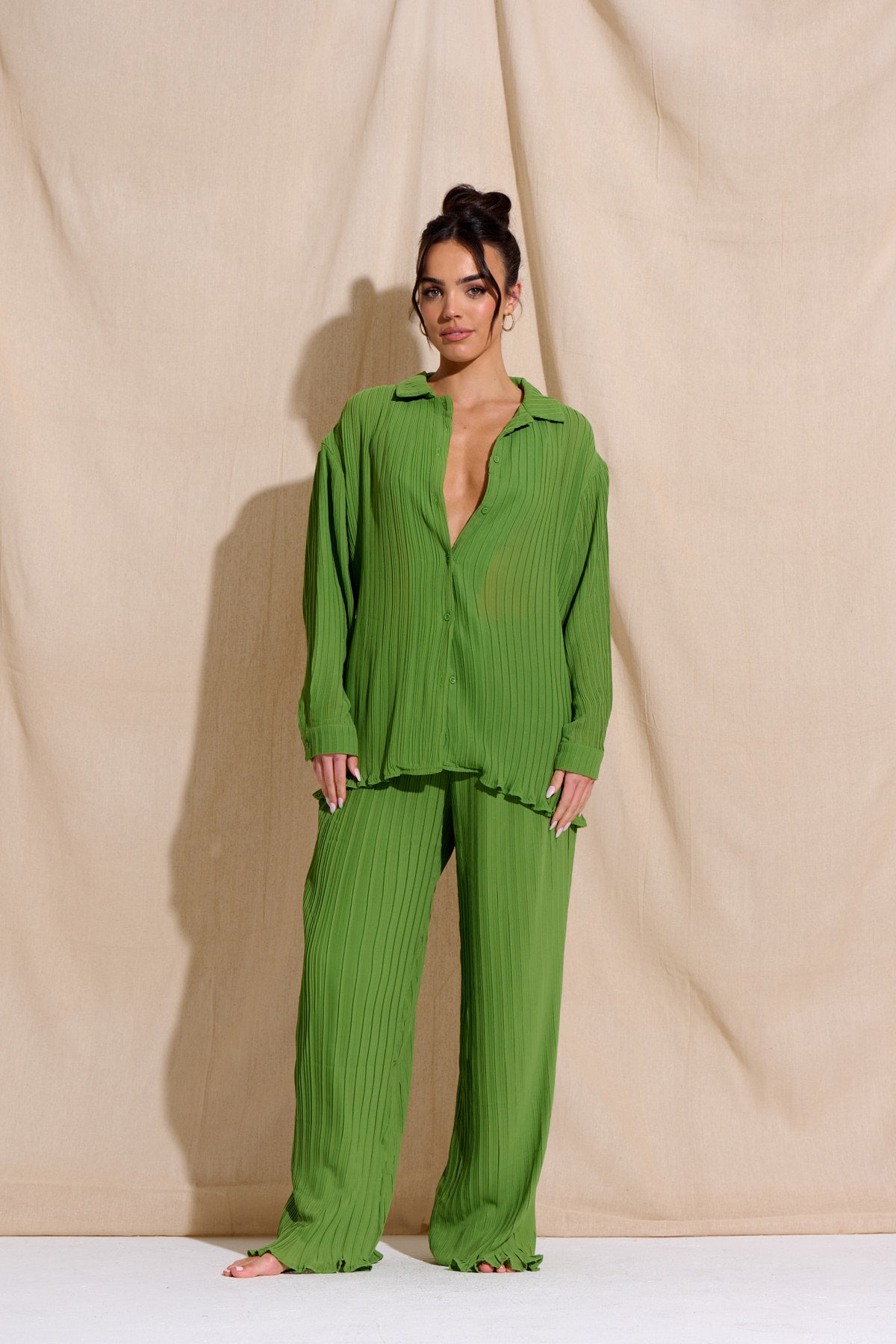 CHIA Green Plisse Top & Trouser Set