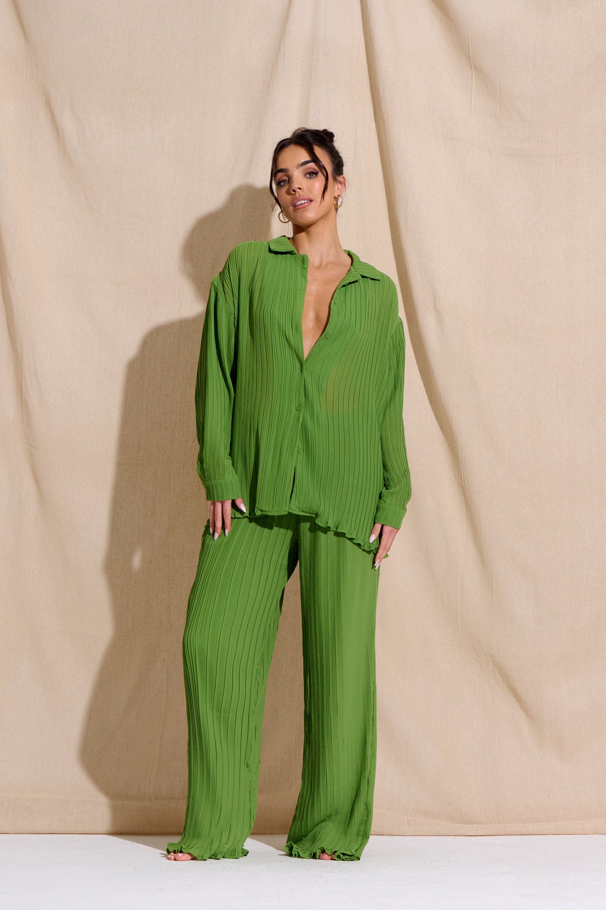 CHIA Green Plisse Top & Trouser Set